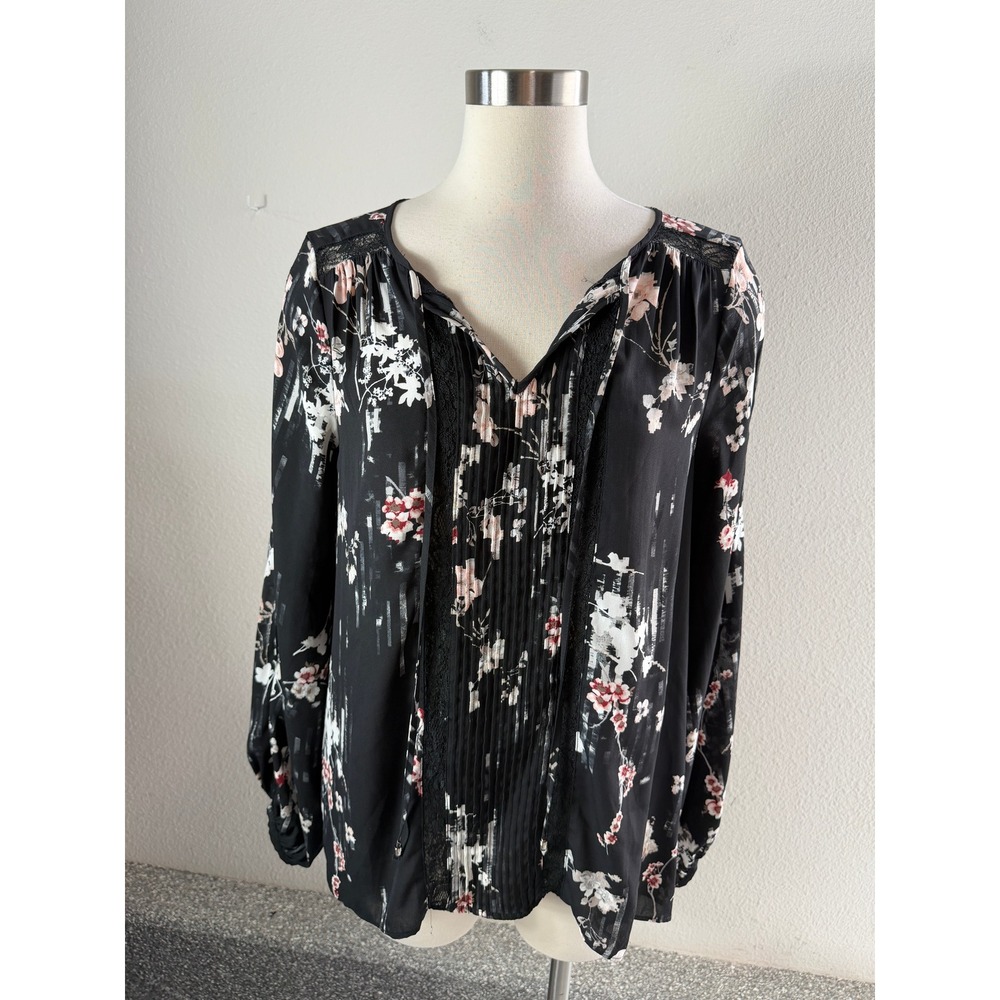 White House Black Market Womens 12 Floral Lace Pintuck Blouse Black Long Sleeve
